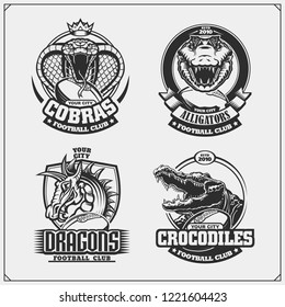 Football badges, labels and design elements. Sport club emblems with cobra, crocodile and dragon.