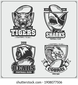 Football badges, labels and design elements. Sport club emblems with bear, shark, tiger and cobra.