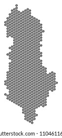 Football ball Albania map. Vector geographic plan on a white background. Abstract Albania map collage is formed from soccer spheres. Mosaic pattern is based on hex-tile matrix.