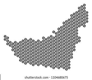 Football ball Arab Emirates map. Vector geographic plan on a white background. Abstract Arab Emirates map mosaic is organized from soccer spheres. Mosaic pattern is based on hex-tile grid.