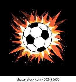 Football ball. A background with a football ball. Blow. Fire and sparks. Vector effect  explosion  ball shot. Vector ball isolated on black background .  outburst,  splashes.