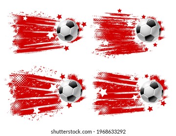 Banners de fútbol, campeonato de fútbol y gol de partido de copa, fondo de salpicadura vectorial de medio tono. Bandas de emblema de la liga de fútbol o fútbol de fútbol con estrellas rojas