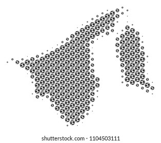 Football ball Brunei map. Vector territorial scheme in grey color. Abstract Brunei map mosaic is designed of soccer spheres. Mosaic pattern is based on hex-tile array.