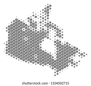 Football ball Canada map. Vector geographic scheme in gray color. Abstract Canada map mosaic is constructed of soccer balls. Mosaic pattern is based on hexagonal array.