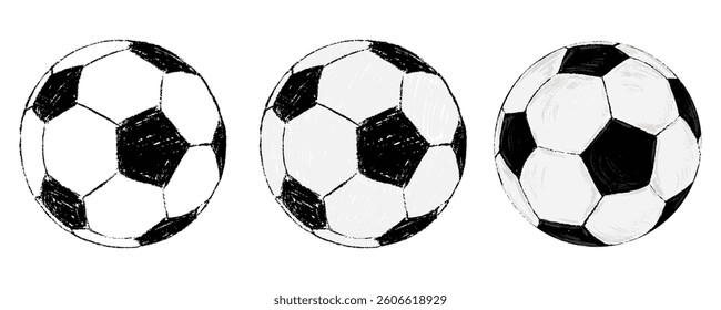 Football ball chalk textured set. Pencil kids sports collection. Different crayon, charcoal or pastel hand drawing balls. Outline cartoon vector illustration isolated on transparent background