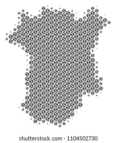 Football ball Chechnya map. Vector territorial plan in gray color. Abstract Chechnya map collage is composed with soccer spheres. Mosaic pattern is based on hex-tile grid.