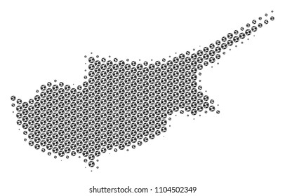 Football ball Cyprus Island map. Vector territorial plan in grey color. Abstract Cyprus Island map collage is formed with soccer spheres. Mosaic pattern is based on hex tile array.