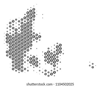 Football ball Denmark map. Vector geographic plan in grey color. Abstract Denmark map composition is designed of soccer balls. Mosaic pattern is based on hexagonal array.