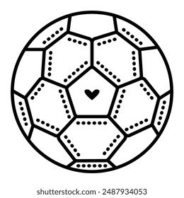 Football ball with dots and heart. Vector monochrome illustration, icon of sport accessory, editable stroke