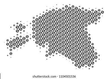 Football ball Estonia map. Vector geographic scheme in gray color. Abstract Estonia map mosaic is made with soccer balls. Mosaic pattern is based on hexagonal grid.