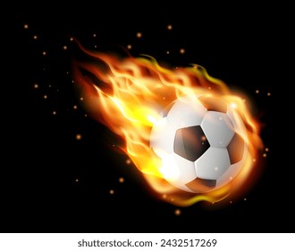 Football ball falling in flame blaze,soccer ball with fire tongues