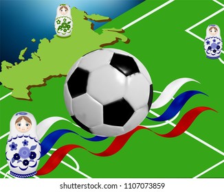 Football ball, football field, map of Russia with  Russian nesting dolls. Vector illustration
