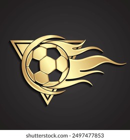 Pelota de fútbol con llamas en el logotipo del oro del triángulo 3D