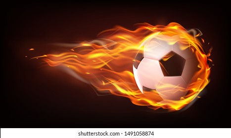 Football ball flying engulfed in flames, firing in darkness after powerful strike 3d realistic vector isolated on black background. Soccer championship, sport competition announcement design element