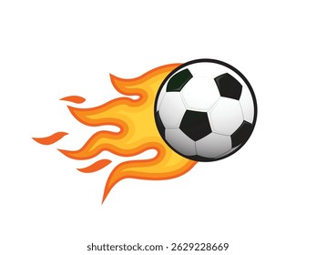 Bola de futebol voando envolta em chamas, disparando na escuridão após poderoso ataque vetor realista isolado no fundo preto. Campeonato de futebol, anúncio de competição esportiva elemento de design