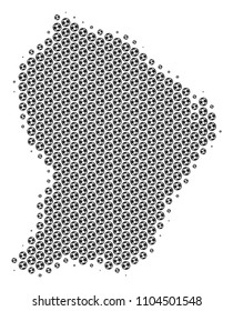Football ball French Guiana map. Vector territorial plan in grey color. Abstract French Guiana map concept is made from soccer spheres. Mosaic pattern is based on hexagonal grid.