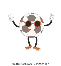 Football ball groovy character in sunglass. Soccer retro mascot. Cartoon sport equipment isolated on white background. Championship game. Vector rubber hose animation style illustration.