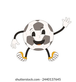 Football ball groovy character waving with hand. Soccer retro mascot. Cartoon sport equipment isolated on white background. Championship game. Vector rubber hose animation style illustration.