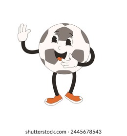 Football ball groovy character waving with hands. Soccer retro mascot. Cartoon sport equipment isolated on white background. Championship game. Vector rubber hose animation style illustration.