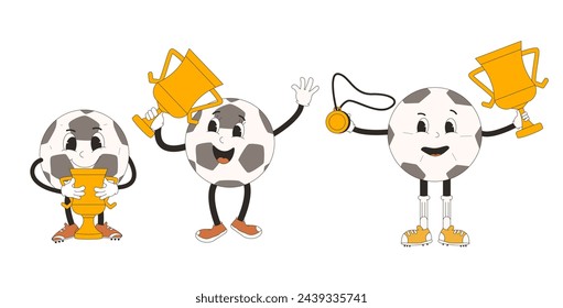 Football ball groovy characters with cup and medal. Soccer winners retro mascot. Cartoon sport equipment isolated on white background. Cute vintage anthropomorphic. Vector flat illustration isolated.