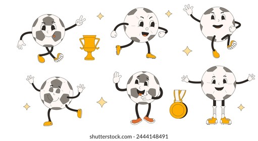 Football ball groovy characters set isolated on white background. Soccer retro mascots. Rubber hose animation style cartoon sport equipment Cute vintage anthropomorphic. Vector flat illustration.