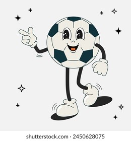 Fútbol de fútbol de carácter retro groovy. Mascota de fútbol con diferentes emociones y poses. Divertidos personajes de cómics lindos en estilo doodle. Ilustración plana de Vector aislada. 60 -70s vibras conjunto de pegatinas.	