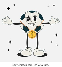 Football ball groovy retro character with medal. Soccer mascot with different emotions and poses. Funny characters in doodle style. Vector flat illustration isolated. 60 -70s vibes sticker set.