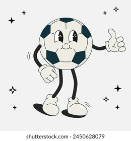 Fútbol de fútbol de carácter retro groovy. Mascota de fútbol con diferentes emociones y poses. Divertidos personajes de cómics lindos en estilo doodle. Ilustración plana de Vector aislada. 60 -70s vibras conjunto de pegatinas.	