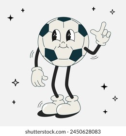 Fútbol de fútbol de carácter retro groovy. Mascota de fútbol con diferentes emociones y poses. Divertidos personajes de cómics lindos en estilo doodle. Ilustración plana de Vector aislada. 60 -70s vibras conjunto de pegatinas.	