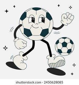 Football ball groovy retro character play with ball. Soccer mascot with different emotions and poses. Funny characters in doodle style. Vector flat illustration isolated. 60 -70s vibes sticker set.