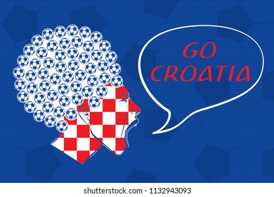 Football Ball Haircut Colored Inverted Woman Profile Screaming or Shouting Go Croatia Lettering - Red and White on Blue Soccer Ball Texture Background - Vector Hand Drawn Graphic Design