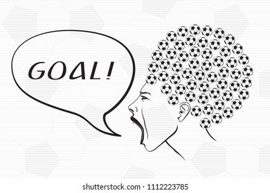 Football Ball Haircut Woman Profile Screaming or Shouting Goal Lettering in Comic Speech Bubble - Black on White Soccer Ball Texture Background - Vector Hand Drawn Graphic Design