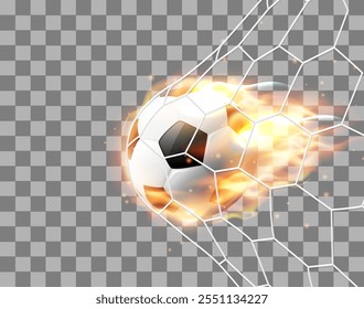 Football ball hitting the net,soccer ball with fire tongues on transparent. Vector illustration