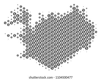 Football ball Iceland map. Vector geographic scheme in grey color. Abstract Iceland map mosaic is created from soccer balls. Mosaic pattern is based on hexagonal array.