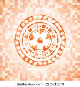 football ball icon inside abstract emblem, orange mosaic background