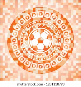 football ball icon inside abstract orange mosaic emblem with background