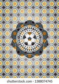 football ball icon inside arabic badge. Arabesque decoration.