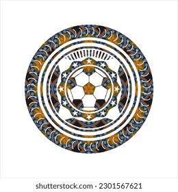 football ball icon inside arabic badge background. Arabesque decoration. 