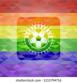 football ball icon inside emblem on mosaic background with the colors of the LGBT flag