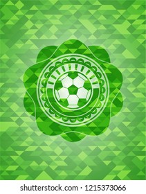 football ball icon inside green emblem. Mosaic background