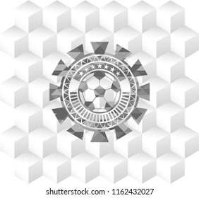 football ball icon inside grey emblem with geometric cube white background