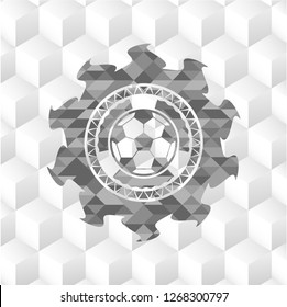 football ball icon inside grey emblem with geometric cube white background