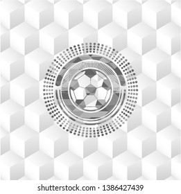 football ball icon inside grey emblem with geometric cube white background