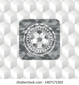 football ball icon inside grey badge with geometric cube white background