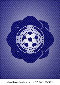 football ball icon inside jean or denim emblem or badge background