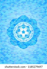 football ball icon inside light blue emblem with mosaic ecological style background