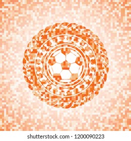 football ball icon inside orange tile background illustration. Square geometric mosaic seamless pattern with emblem inside.