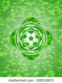 football ball icon inside realistic green emblem. Mosaic background