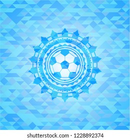 football ball icon inside realistic sky blue mosaic emblem