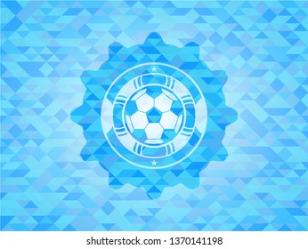 football ball icon inside realistic sky blue emblem. Mosaic background